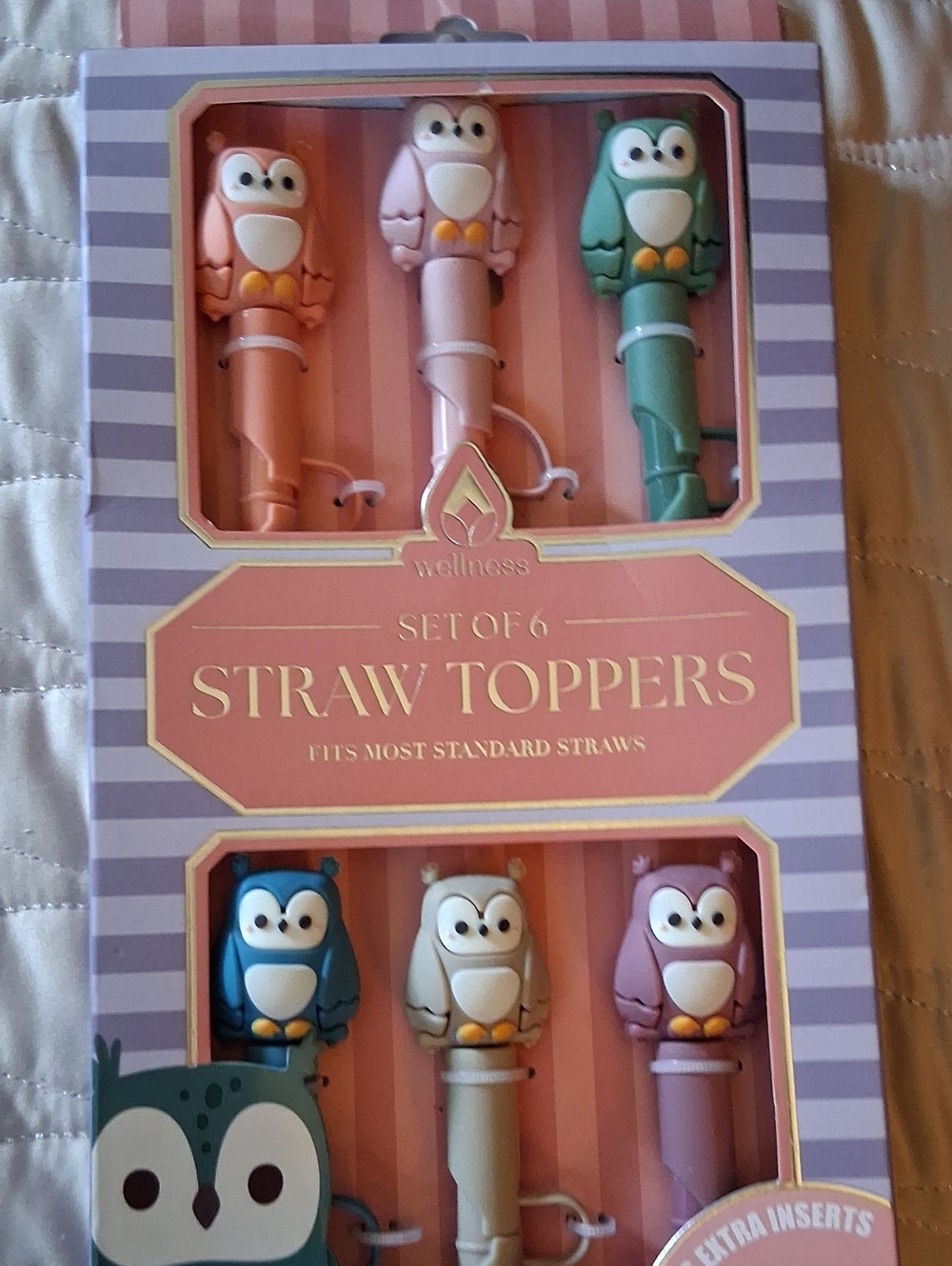 Wellness Owl Straw Toppers Set - Pink, Peach, Green, Blue, Cream, Purple